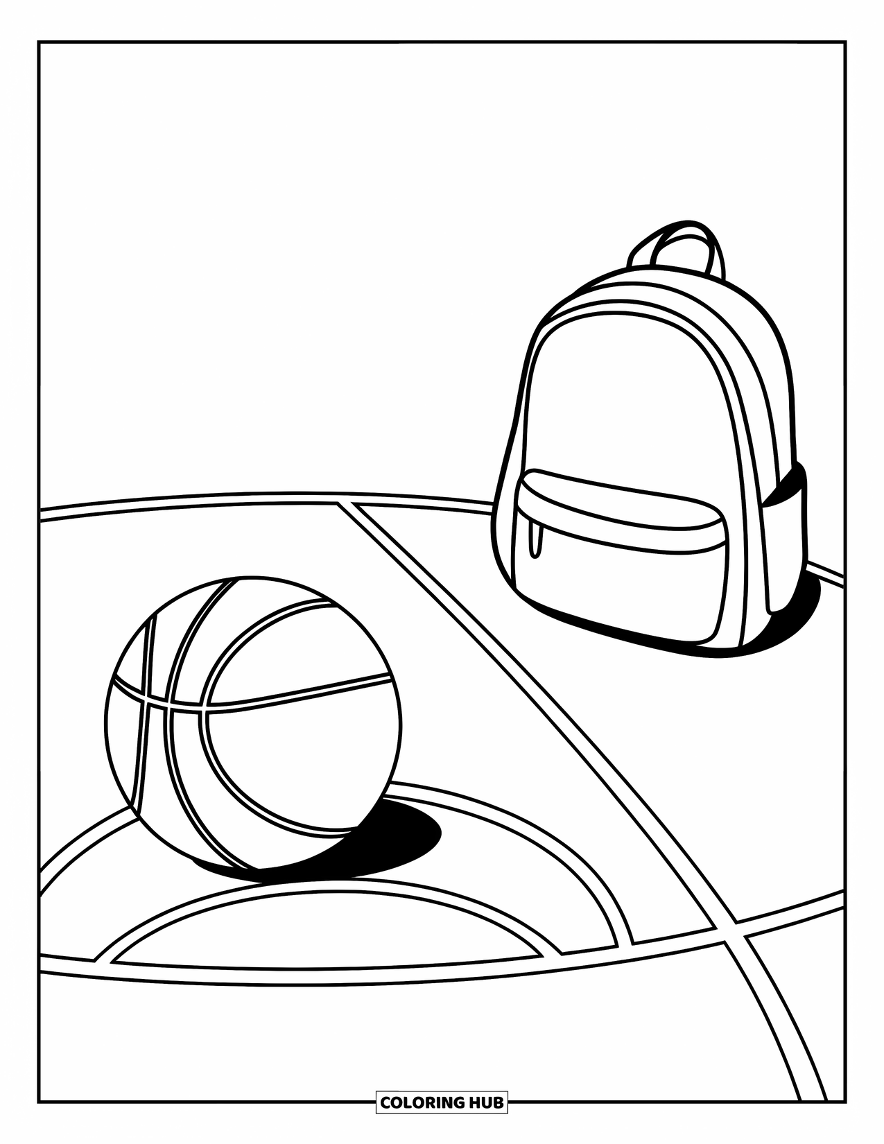 Dibujo de baloncesto para colorear para niños: Un balón rueda por las líneas marcadas de la cancha junto a una mochila