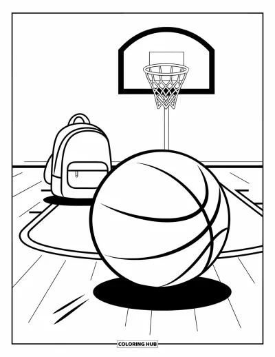 Coloriage de basketball pour enfants : Un ballon roule sur le terrain pendant qu’un sac à dos est posé près du panier