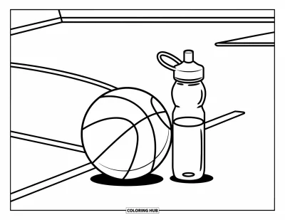 Coloriage de basketball pour enfants : Un ballon de basketball et une gourde sont posés ensemble sur un terrain au style cartoon