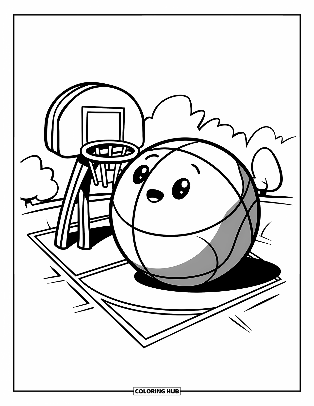 Dibujo de baloncesto para colorear para niños: Un balón de baloncesto descansa cerca de una canasta de madera, con algunos árboles detrás