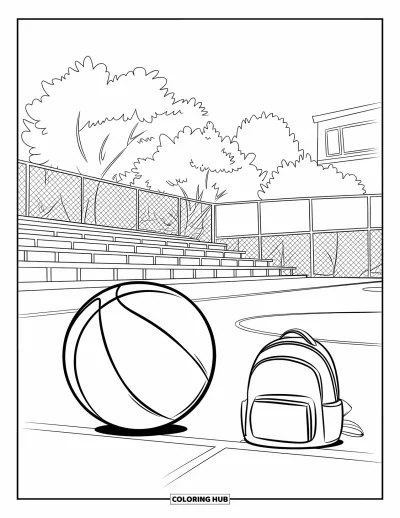 Coloriage de basketball pour enfants : Un ballon de basketball roule sur le terrain avec un sac à dos posé à proximité