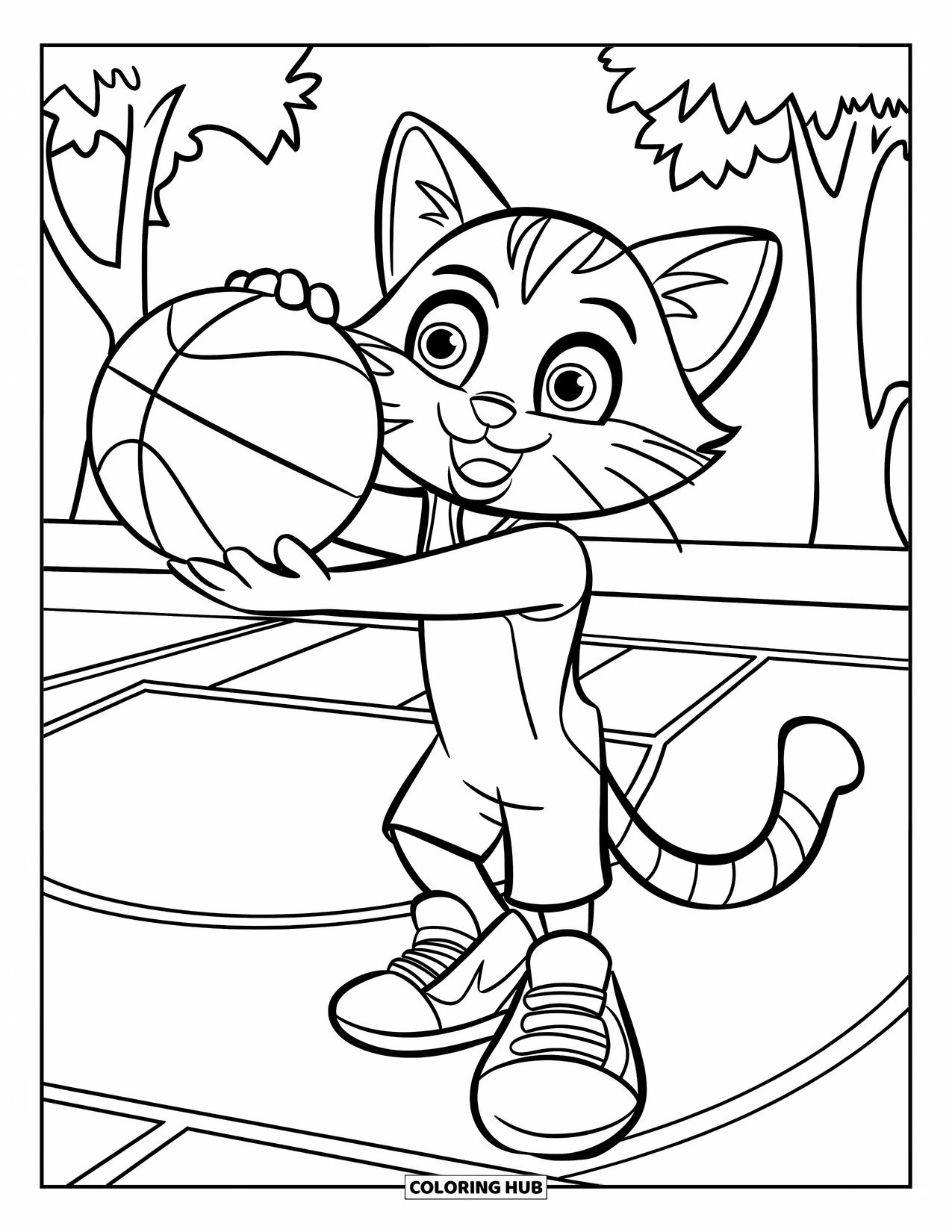 Dibujo de baloncesto para colorear para niños: Un gato con zapatillas equilibra un balón de baloncesto en una cancha con árboles