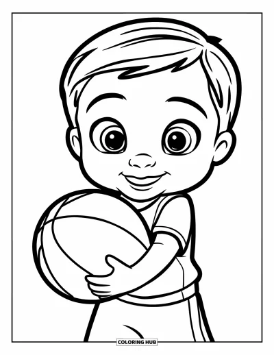 Coloriage de basketball pour enfants : Un enfant joyeux tient un ballon de basketball et sourit de bonheur