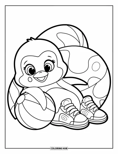 Coloriage de basketball pour enfants : Un pingouin joyeux en baskets se repose près d’un ballon avec un grand sourire