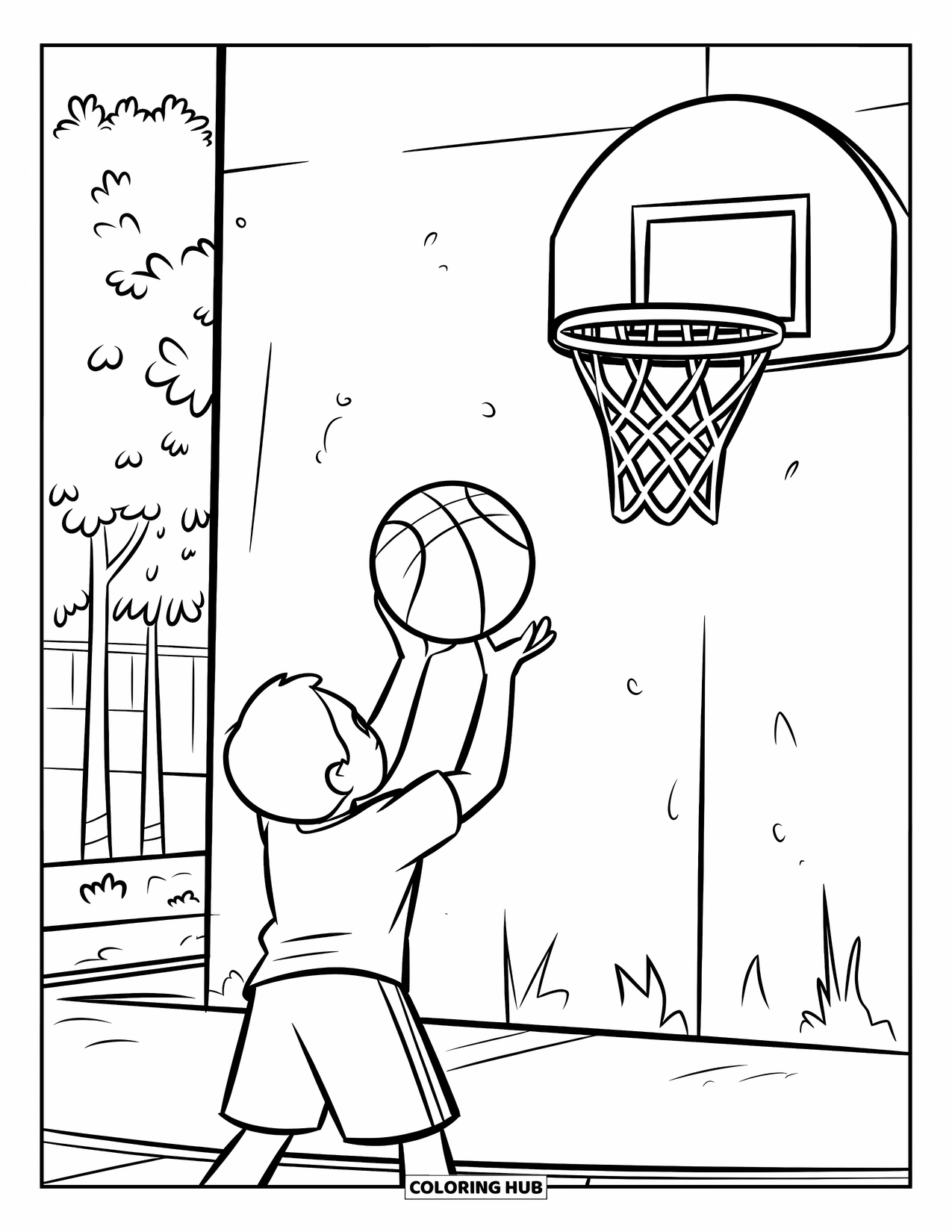 Dibujo de baloncesto para colorear para niños: Un niño se prepara para lanzar a una canasta montada en una pared de hormigón