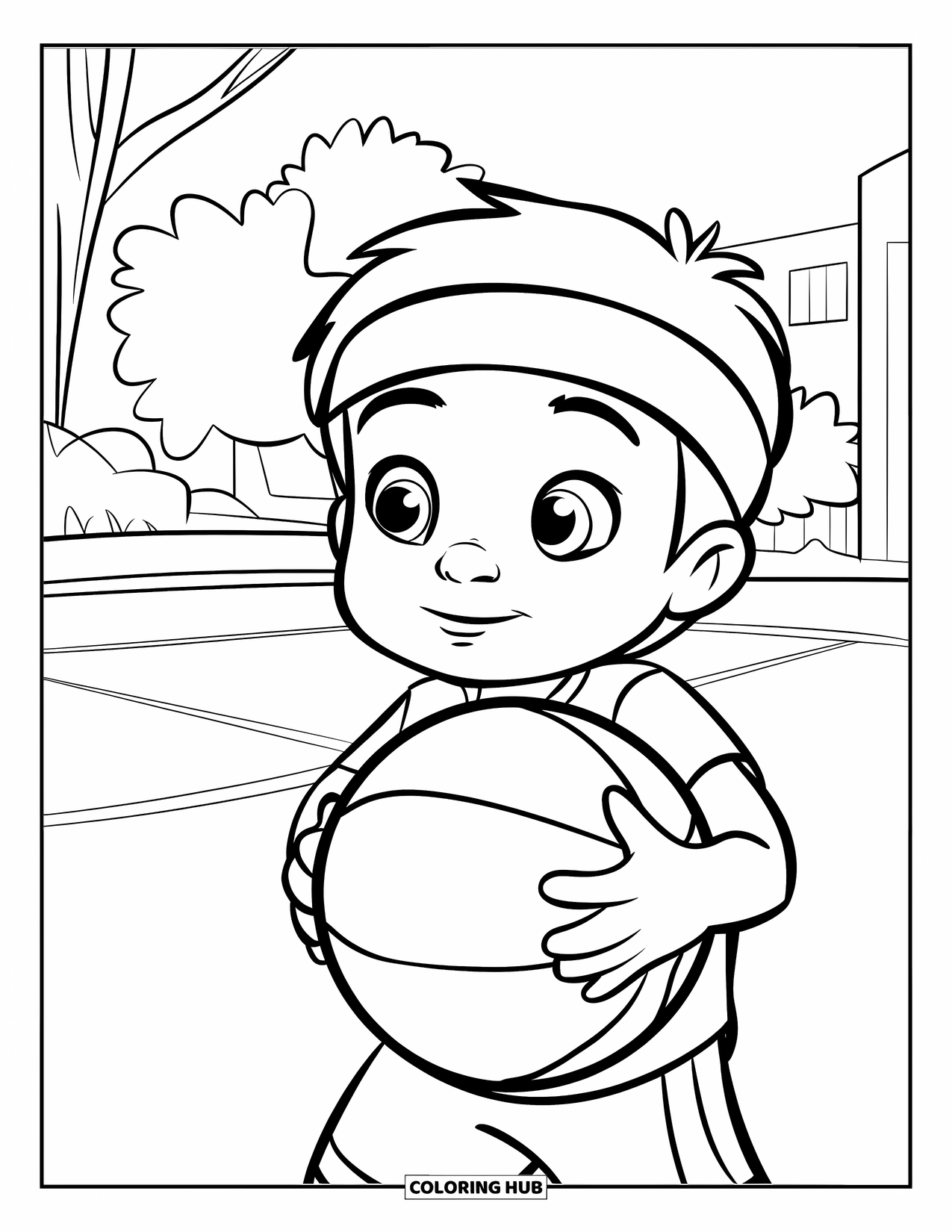 Dibujo de baloncesto para colorear para niños: Un niño está de pie en la cancha sujetando un balón de baloncesto y llevando una cinta para el sudor
