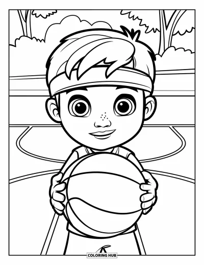 Coloriage de basketball pour enfants : Un enfant se tient fièrement sur le terrain, serrant un ballon et portant un bandeau