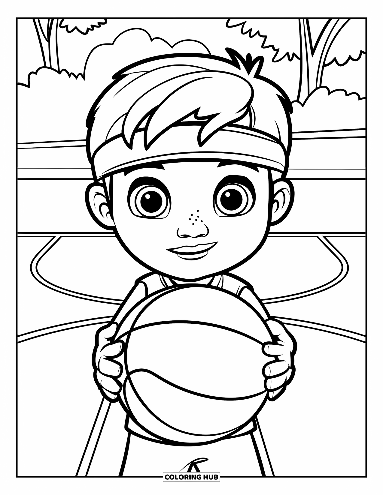 Dibujo de baloncesto para colorear para niños: Un niño está de pie con orgullo en la cancha, sujetando un balón de baloncesto y llevando una cinta para el sudor