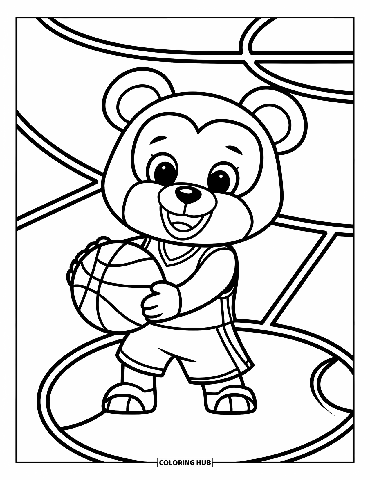 Dibujo de baloncesto para colorear para niños: Un oso lindo con una camiseta sostiene un balón en una cancha sencilla