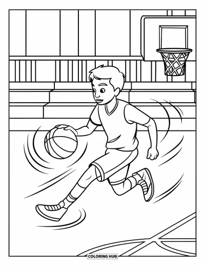 Coloriage de basketball pour enfants : Un enfant déterminé dribble rapidement sur le terrain en passant devant les gradins
