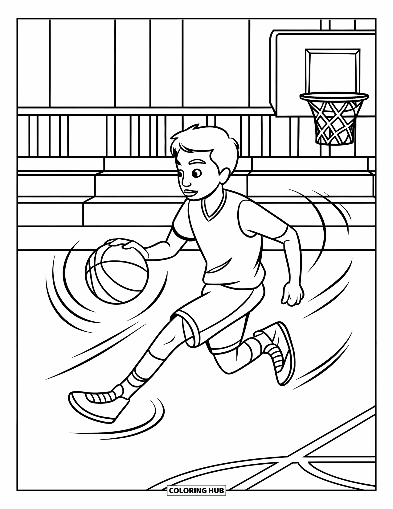 Dibujo de baloncesto para colorear para niños: Un niño decidido bota el balón rápidamente por la cancha pasando las gradas