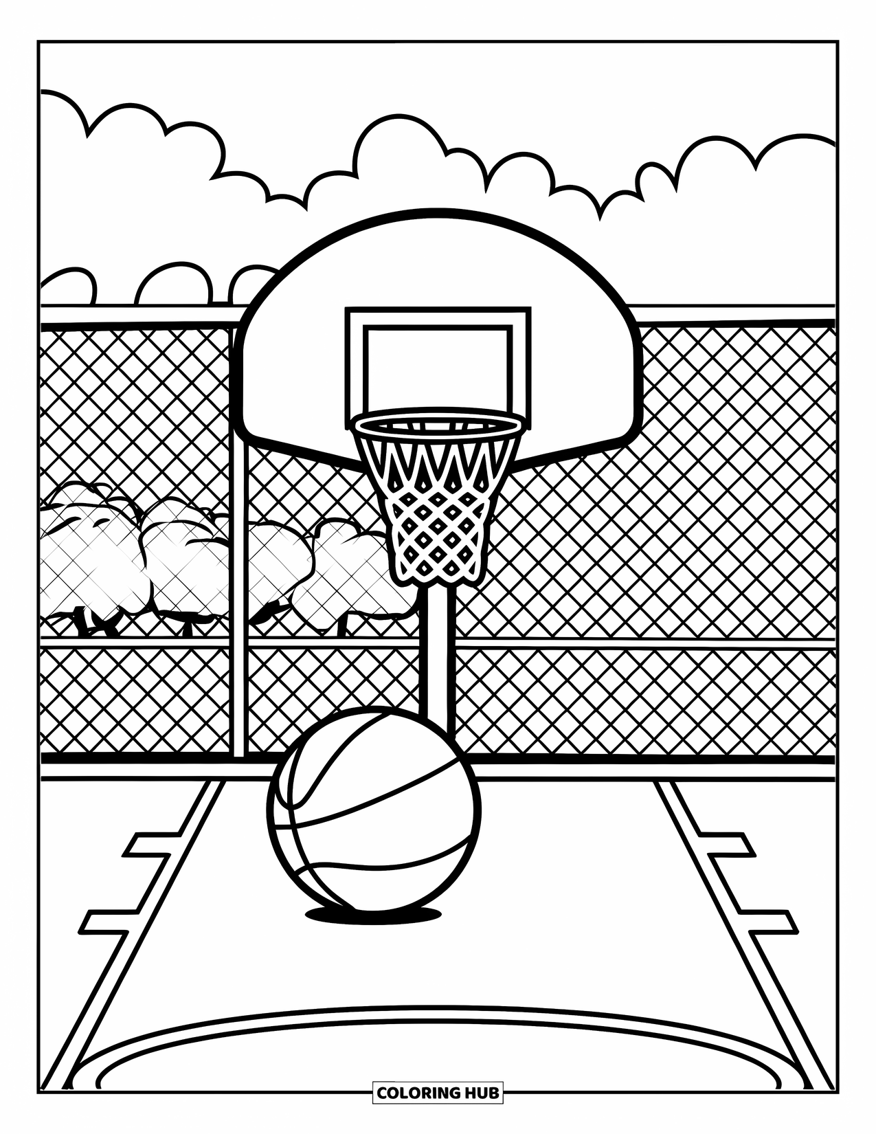 Dibujo de baloncesto para colorear para niños: Un balón feliz descansa junto a una canasta en una pequeña cancha tranquila