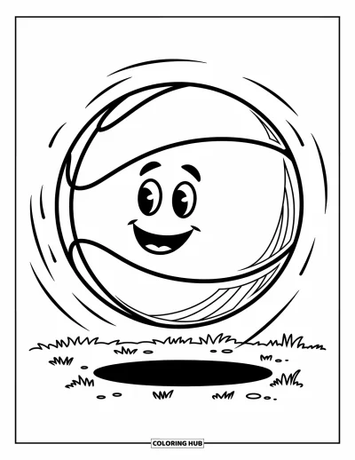 Coloriage de basketball pour enfants : Un ballon de basketball souriant avec un visage rebondit sur l’herbe