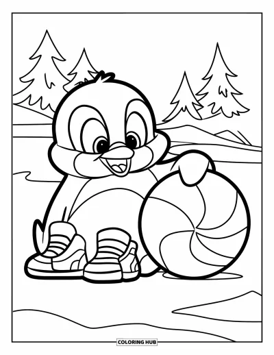 Coloriage de basketball pour enfants : Un pingouin joyeux en baskets se tient sur la neige à côté d’un ballon de basketball