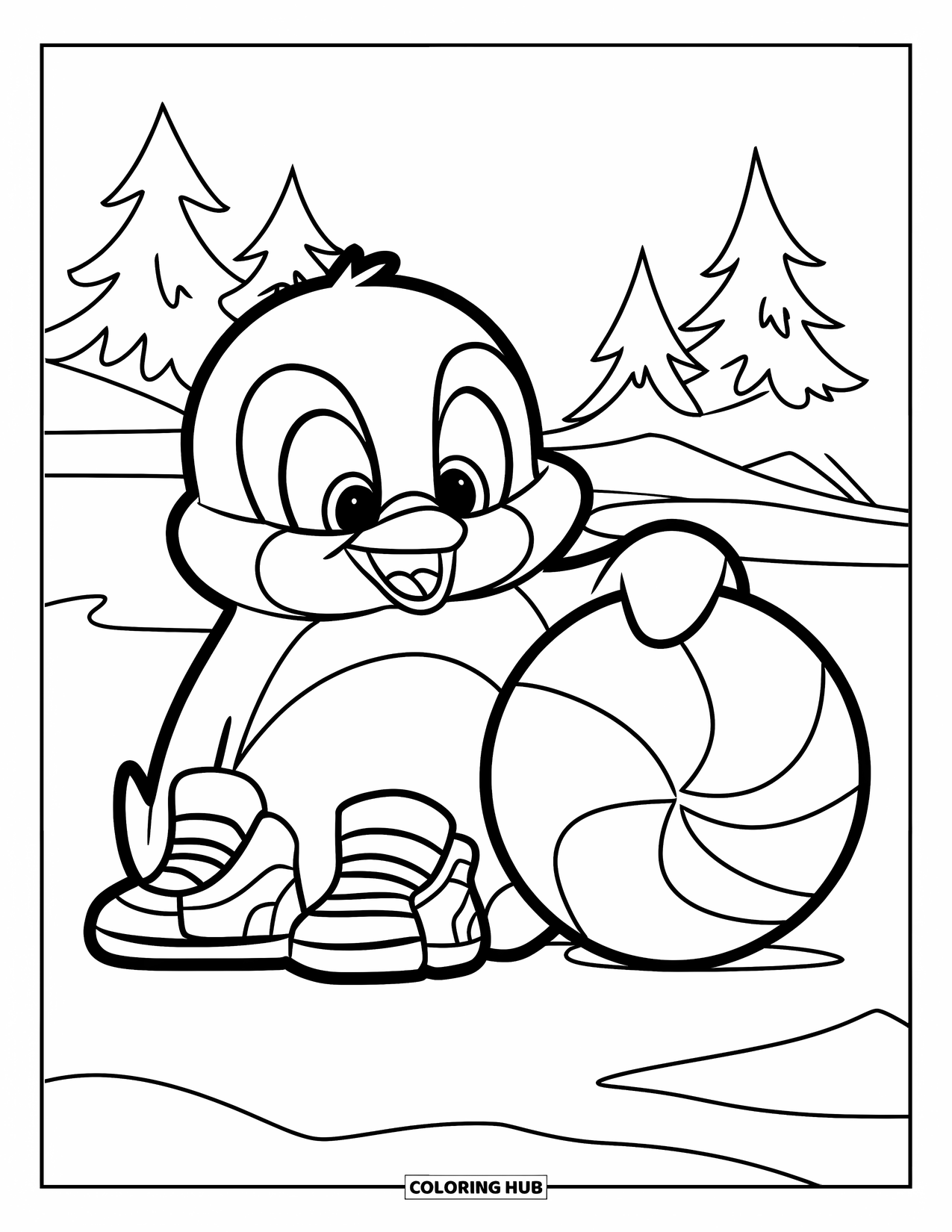 Dibujo de baloncesto para colorear para niños: Un pingüino feliz con zapatillas está de pie sobre un suelo nevado junto a un balón de baloncesto