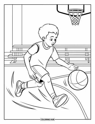 Coloriage de basketball pour enfants : Un enfant dribble sur le terrain, avec des lignes de mouvement qui montrent sa rapidité