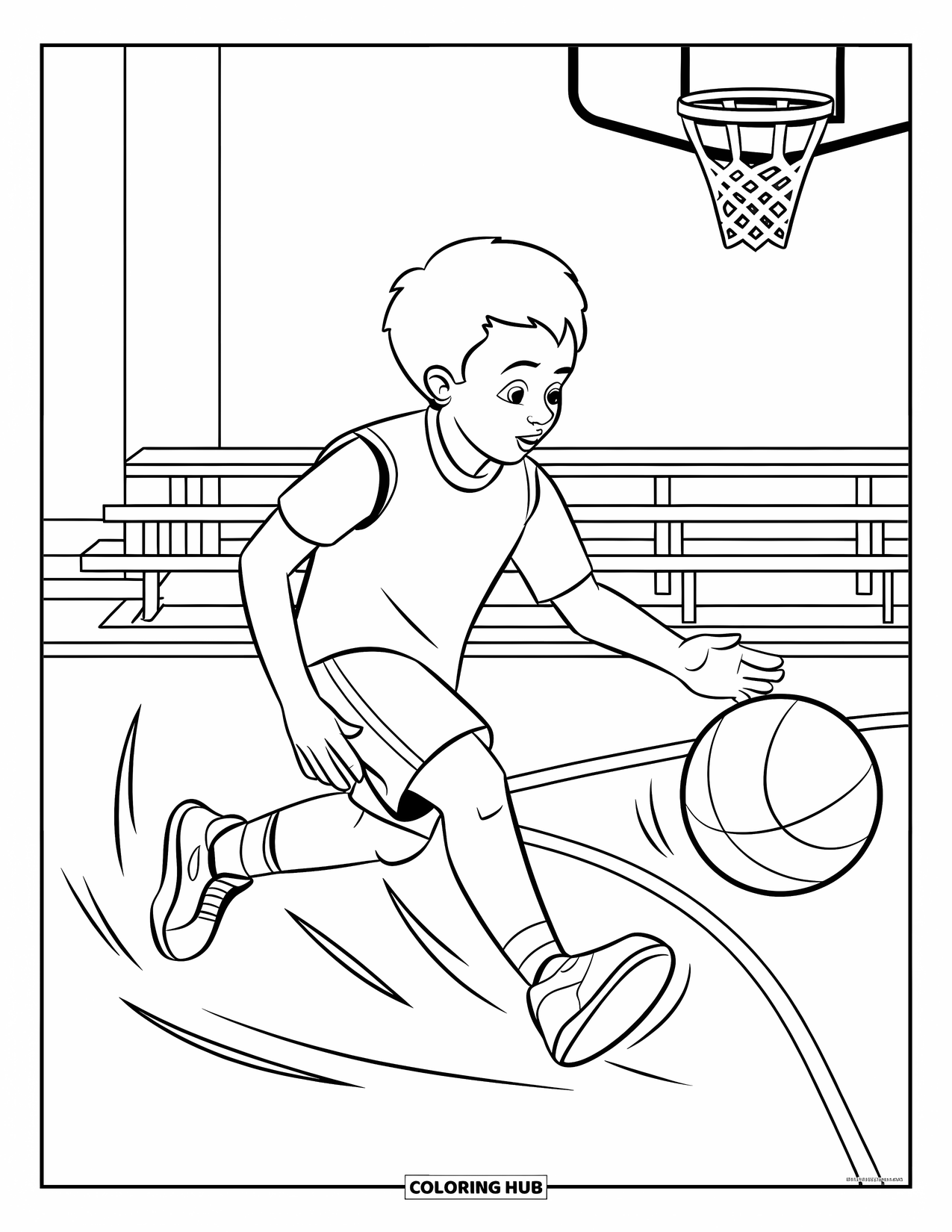 Dibujo de baloncesto para colorear para niños: Un niño bota el balón por la cancha con líneas de movimiento que muestran una acción rápida