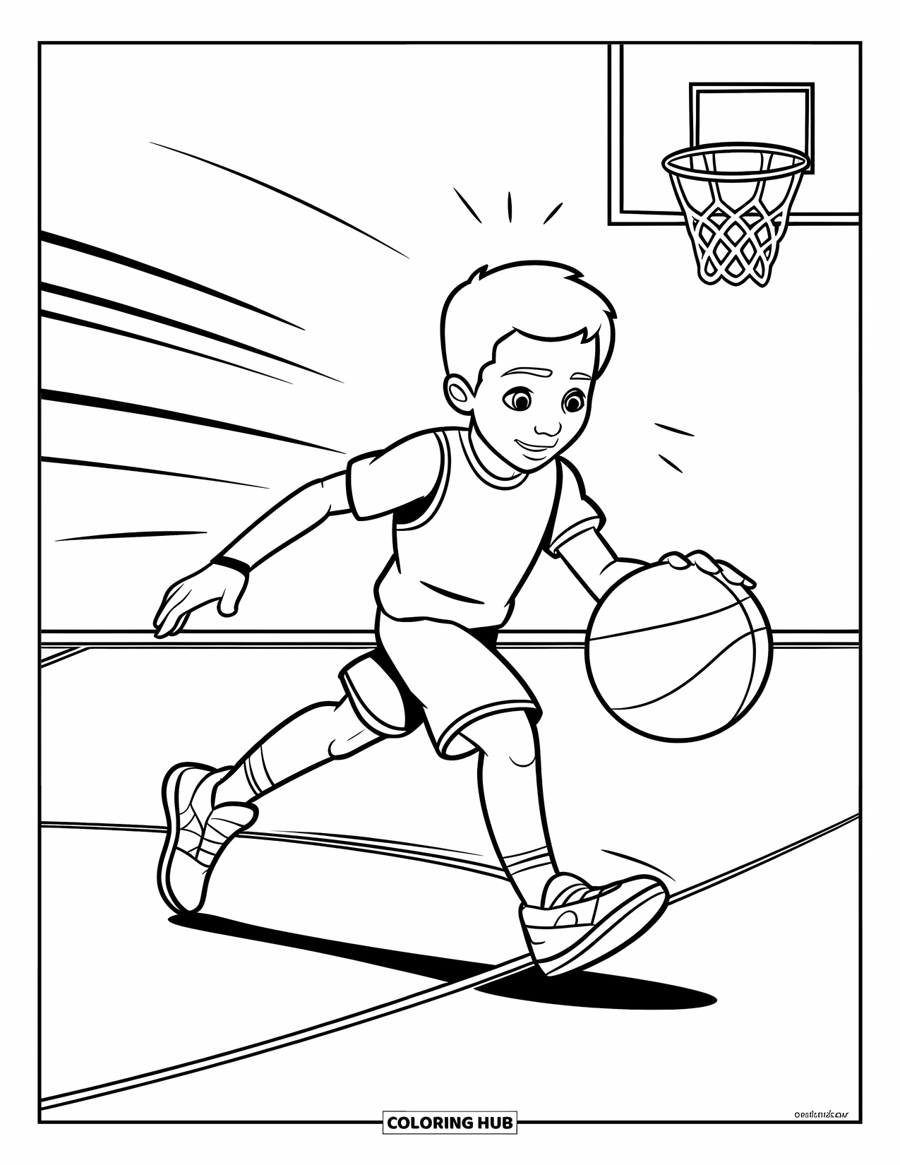 Dibujo de baloncesto para colorear para niños: Un niño bota el balón rápidamente con canastas al fondo y líneas de movimiento detrás