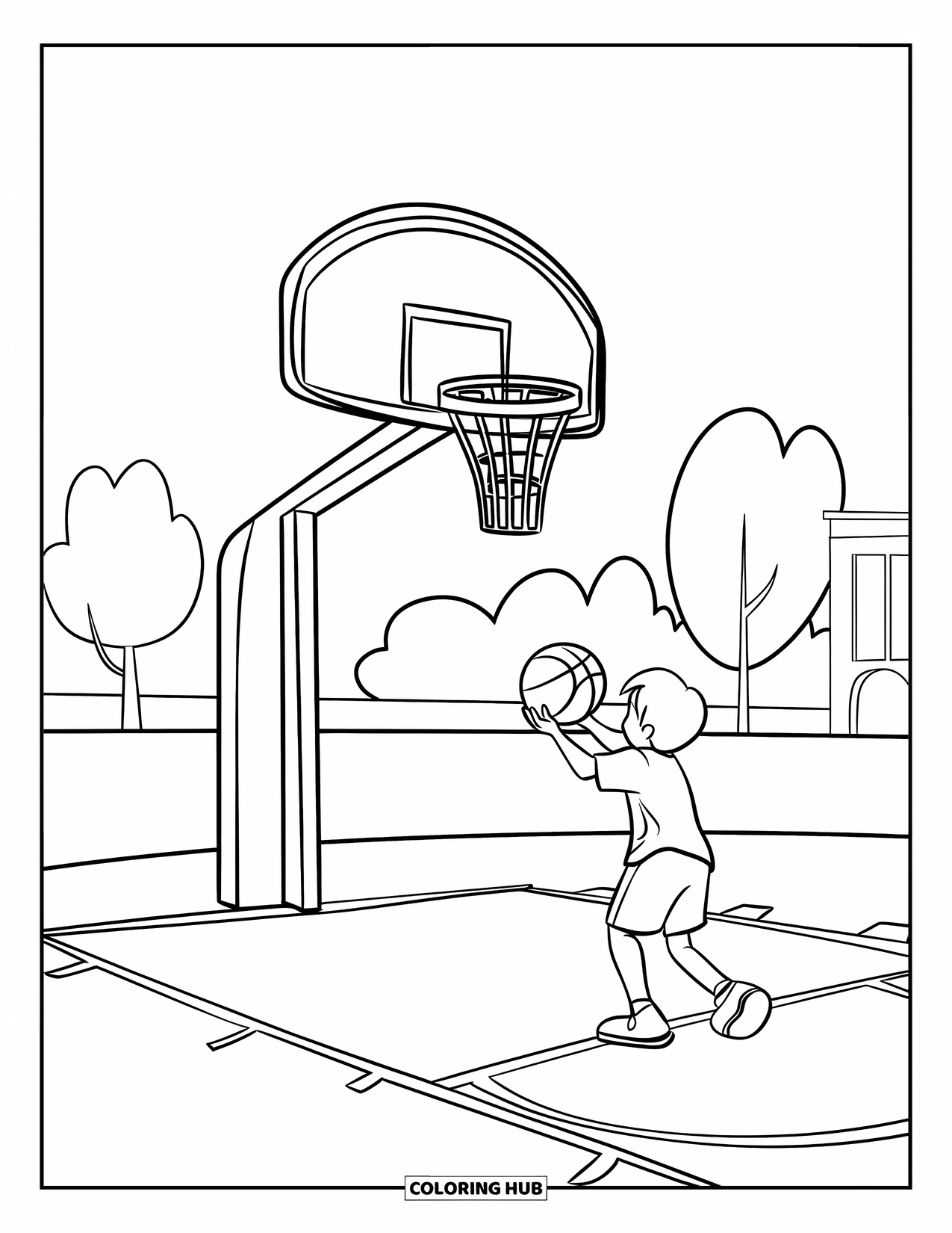 Dibujo de baloncesto para colorear para niños: Un niño se prepara para lanzar a una canasta en movimiento en una cancha de carnaval