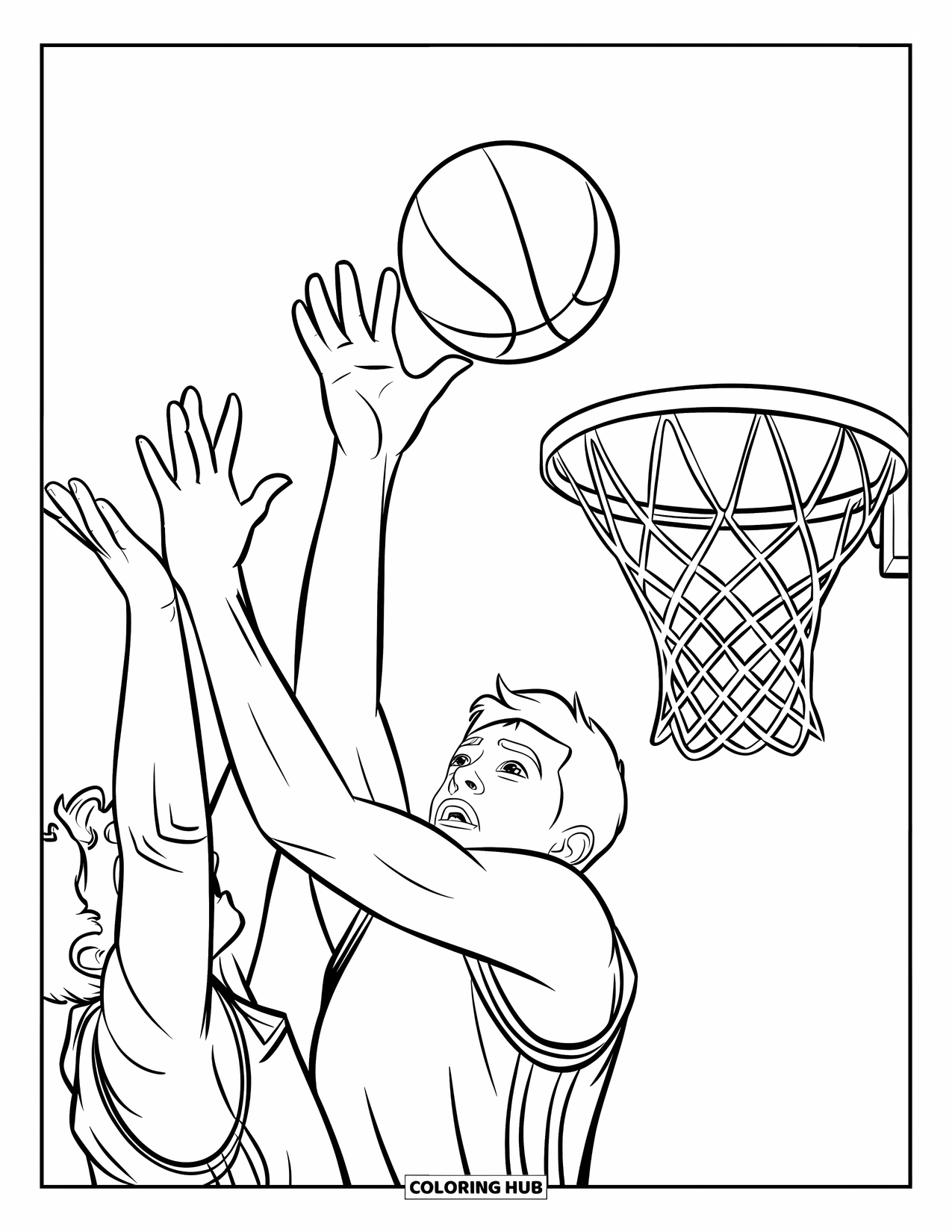 Dibujo de baloncesto para colorear para niños: Un jugador salta para hacer un rebote mientras el oponente se estira para disputárselo