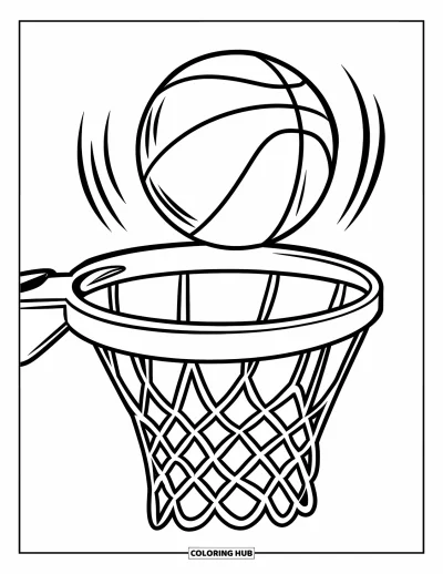 Coloriage de basketball pour enfants : Un joueur tire pendant que le ballon rebondit sur le panneau en plein jeu