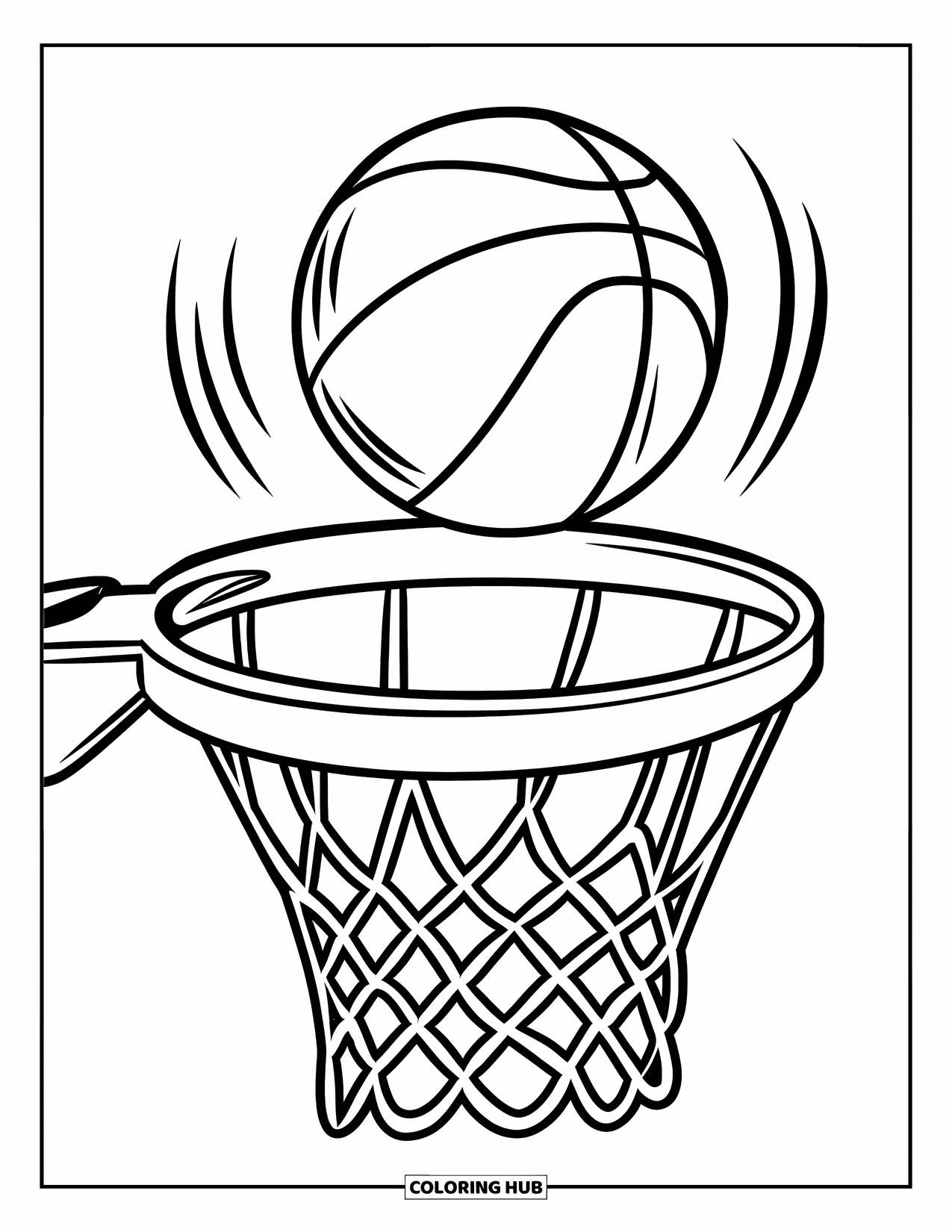 Dibujo de baloncesto para colorear para niños: Un jugador lanza el balón mientras el balón rebota en el tablero en medio del juego