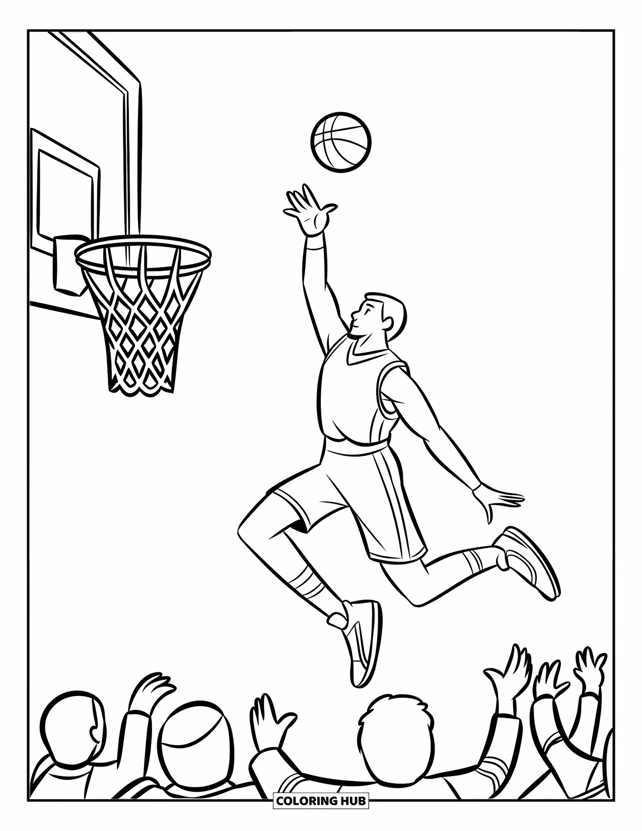 Dibujo de baloncesto para colorear para niños: Un jugador lanza el balón en el aire, que vuela hacia una canasta alta montada en la pared