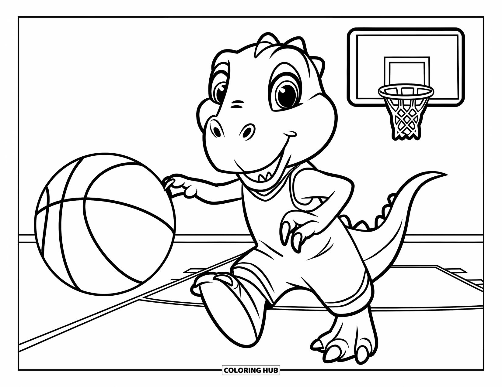 Dibujo de baloncesto para colorear para niños: Un dinosaurio juguetón con una camiseta bota un gran balón de baloncesto en la cancha