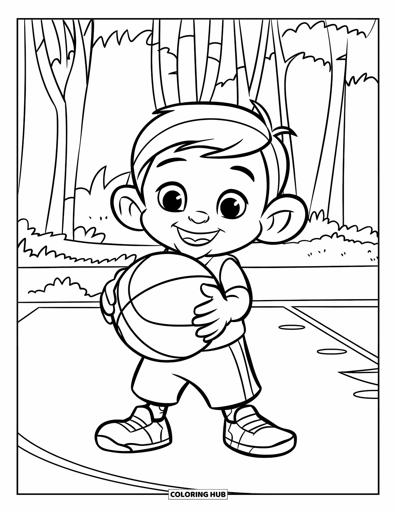 Dibujo de baloncesto para colorear para niños: Un niño de cara redonda sonríe mientras sostiene un balón de baloncesto cerca de árboles altos