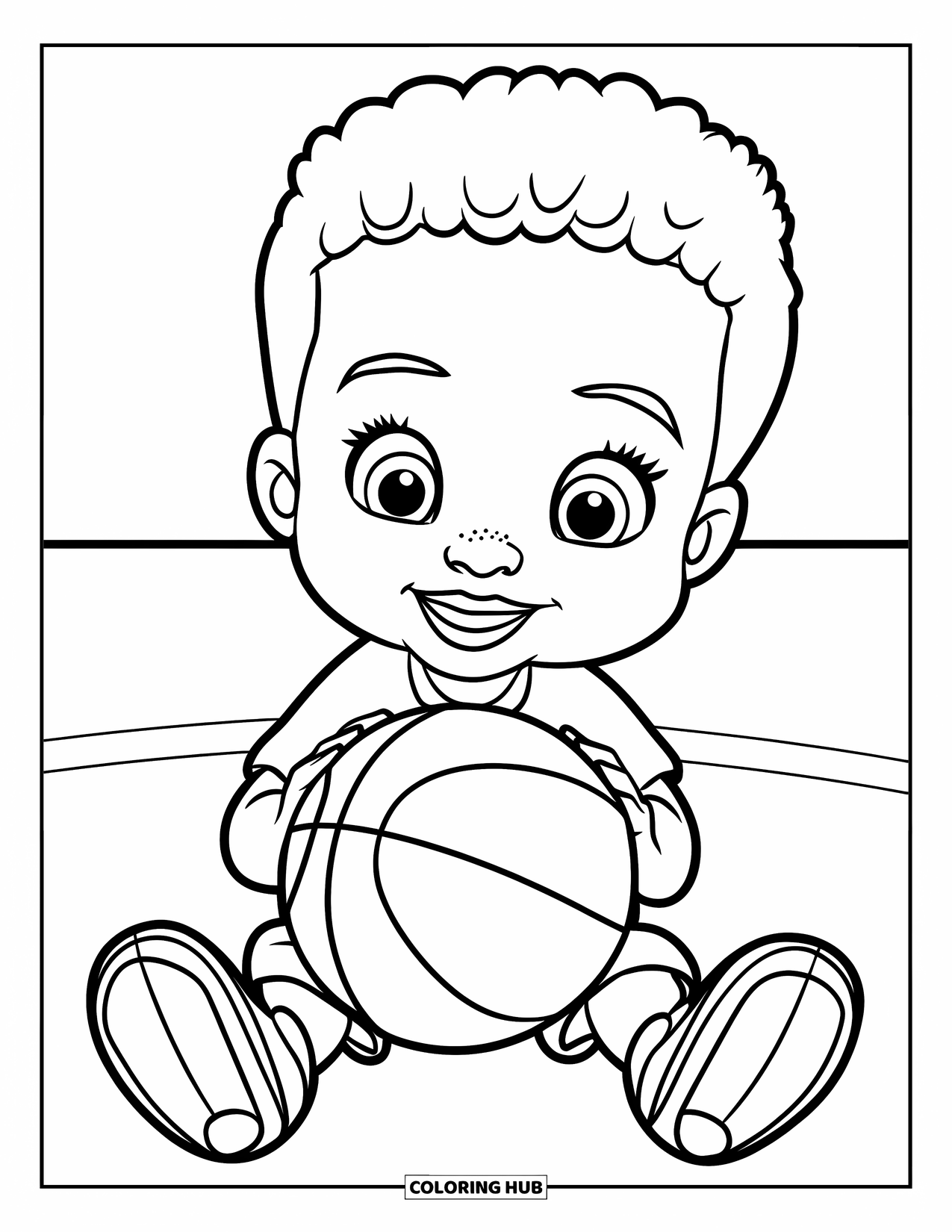 Dibujo de baloncesto para colorear para niños: Un niño sonriente está sentado sosteniendo un balón de baloncesto con alegría
