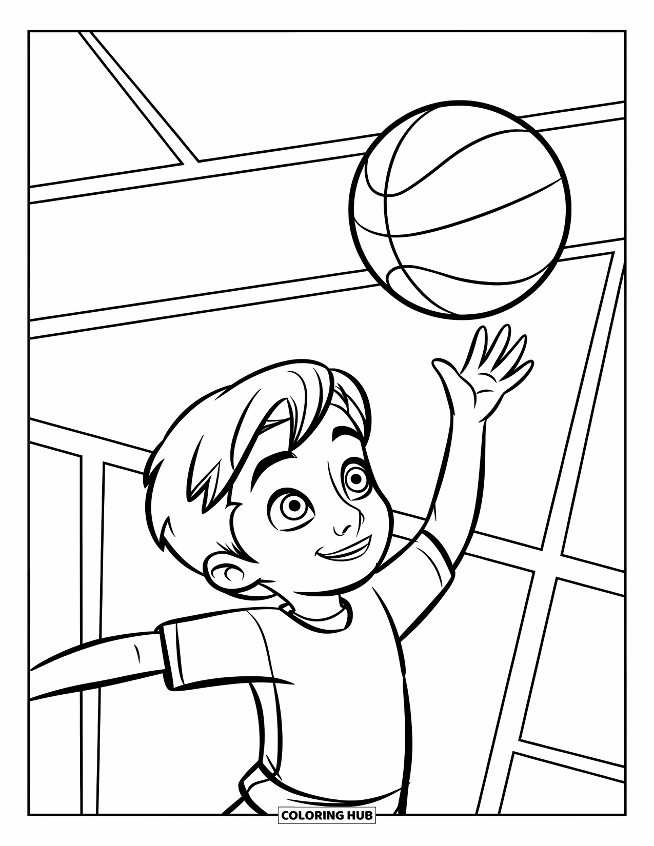 Dibujo de baloncesto para colorear para niños: Un niño sonriente lanza un balón de baloncesto hacia arriba mientras salta en la cancha