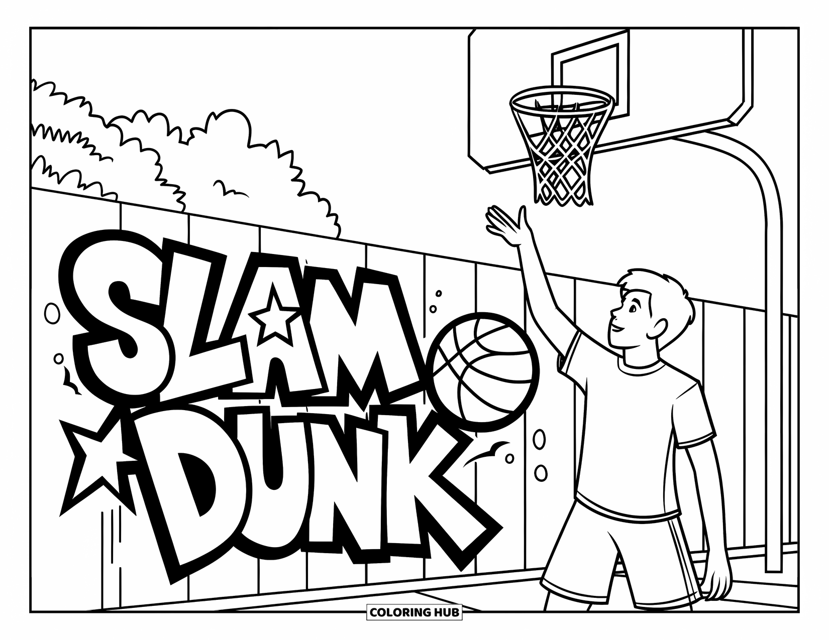 Dibujo de baloncesto para colorear para niños: Un adolescente apunta a la canasta mientras un grafiti que dice “SLAM DUNK” decora la pared de detrás
