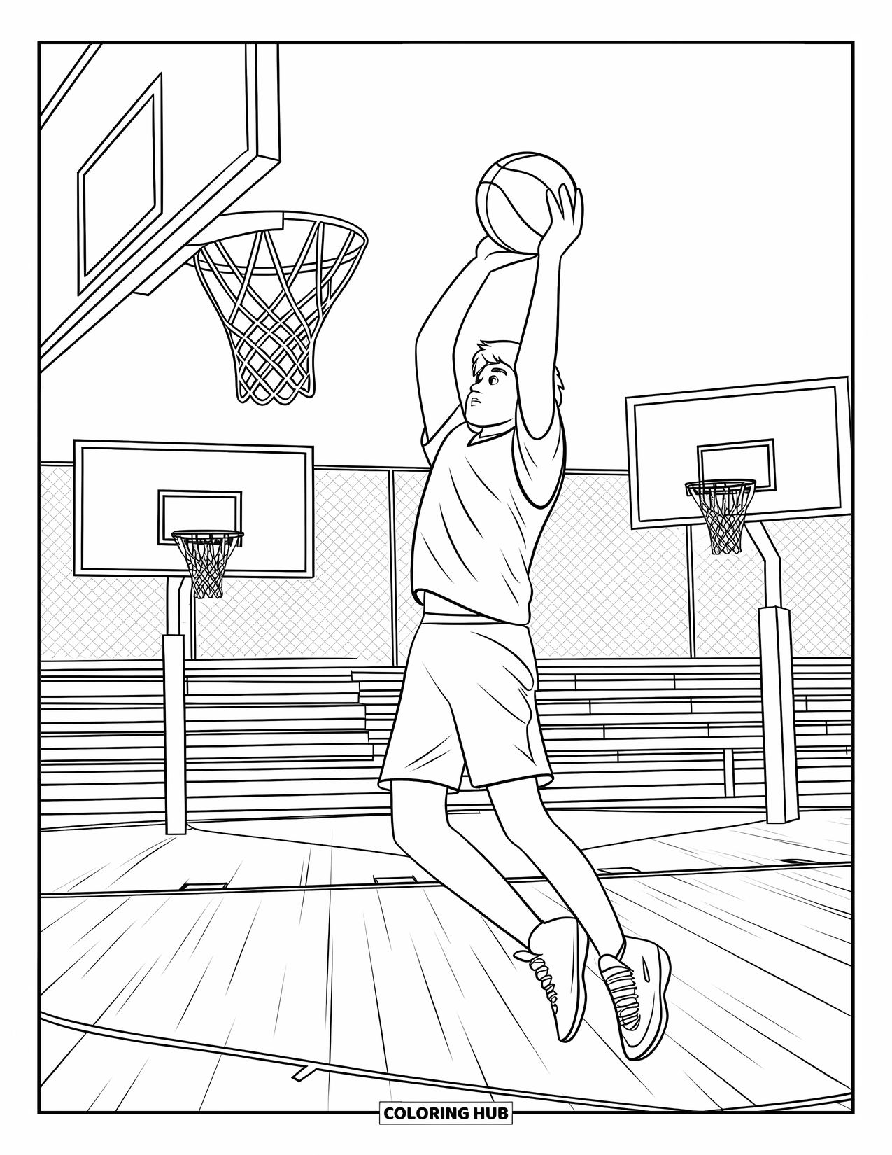 Dibujo de baloncesto para colorear para niños: Un adolescente va a hacer una bandeja en una cancha con canastas y gradas cerca