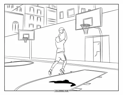 Coloriage de basketball pour enfants : Un ado saute pour tirer sur un terrain de rue avec un panier fixé à un mur