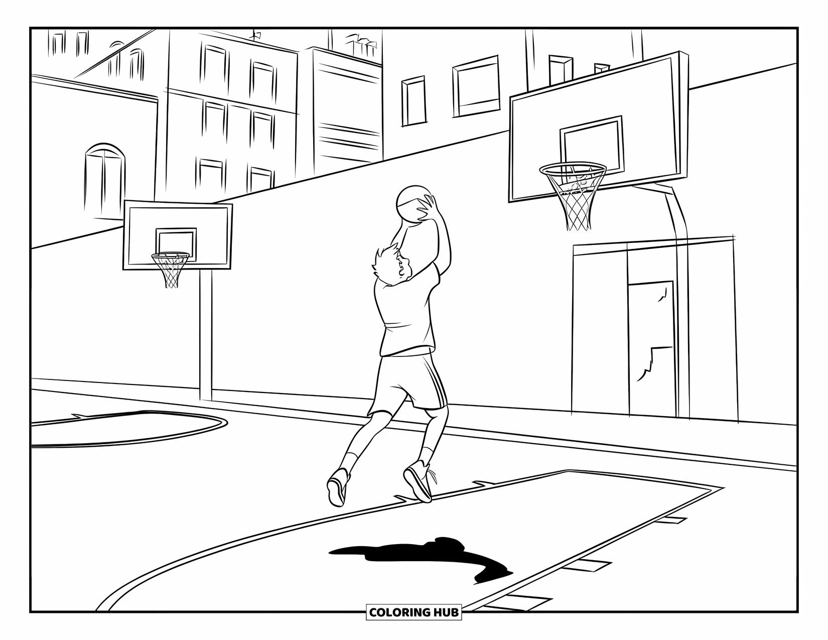 Dibujo de baloncesto para colorear para niños: Un adolescente salta para lanzar en una cancha callejera con una canasta montada en una pared
