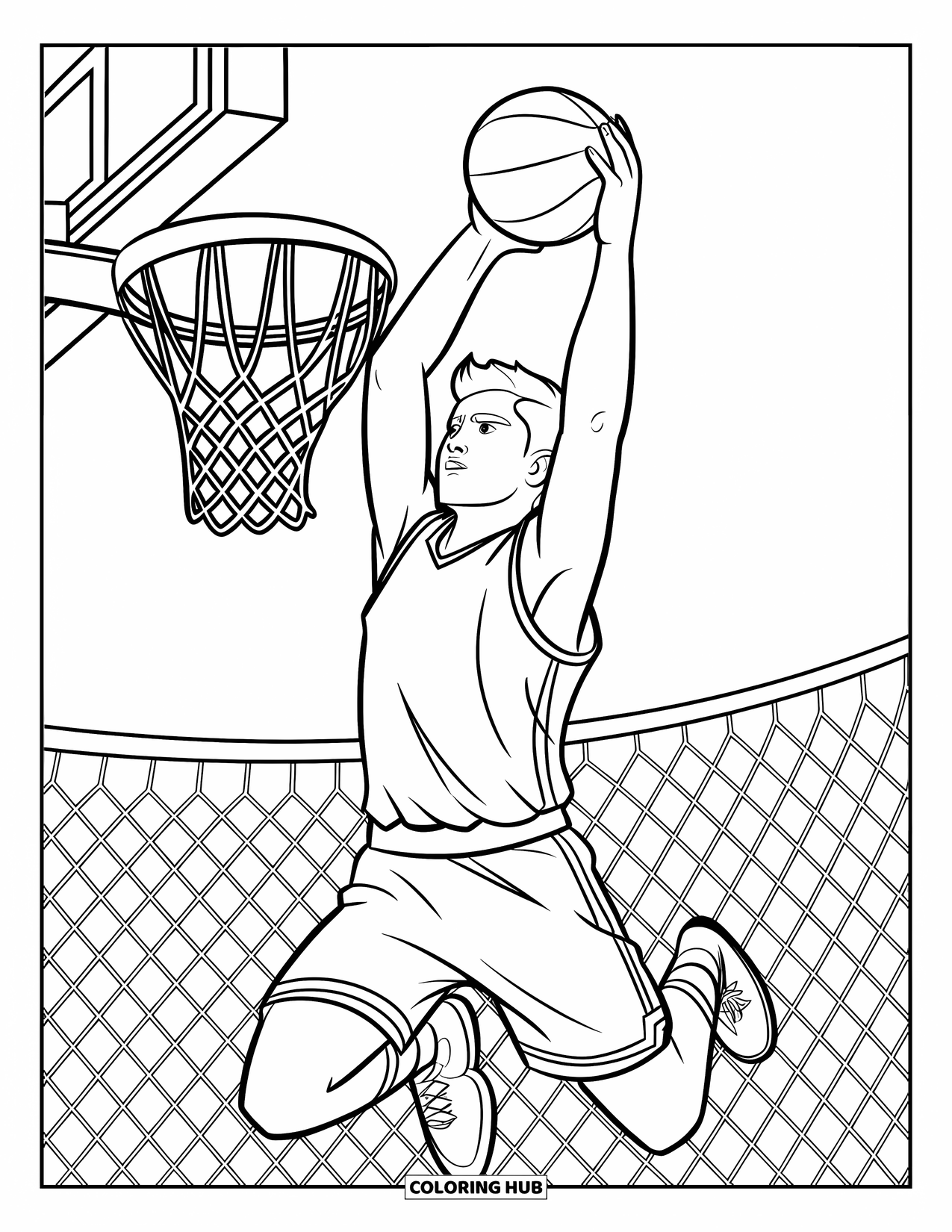 Dibujo de baloncesto para colorear para niños: Un adolescente salta para hacer un mate con gran concentración y energía
