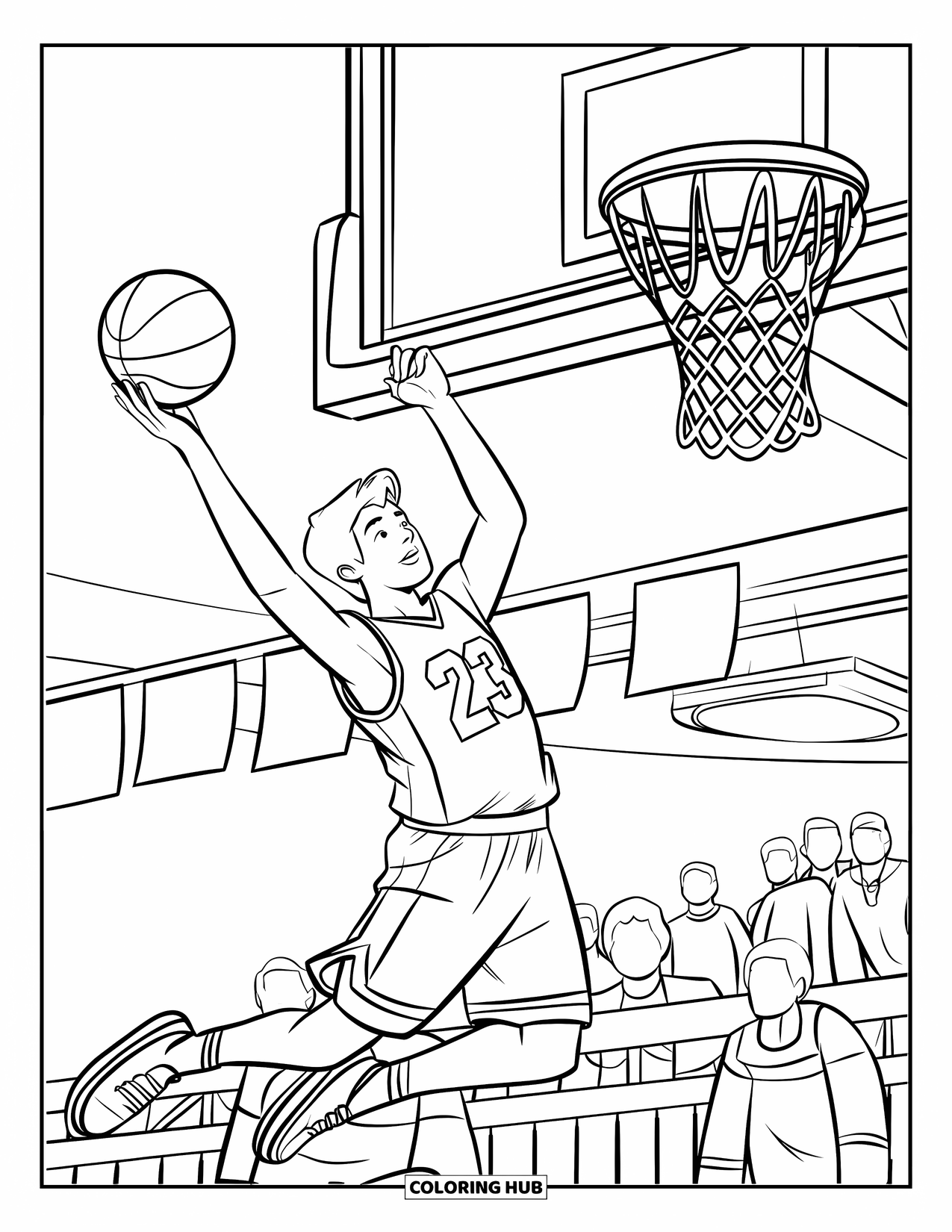 Dibujo de baloncesto para colorear para niños: Un adolescente salta para hacer una bandeja, con el número 23 de la camiseta visible mientras el público observa