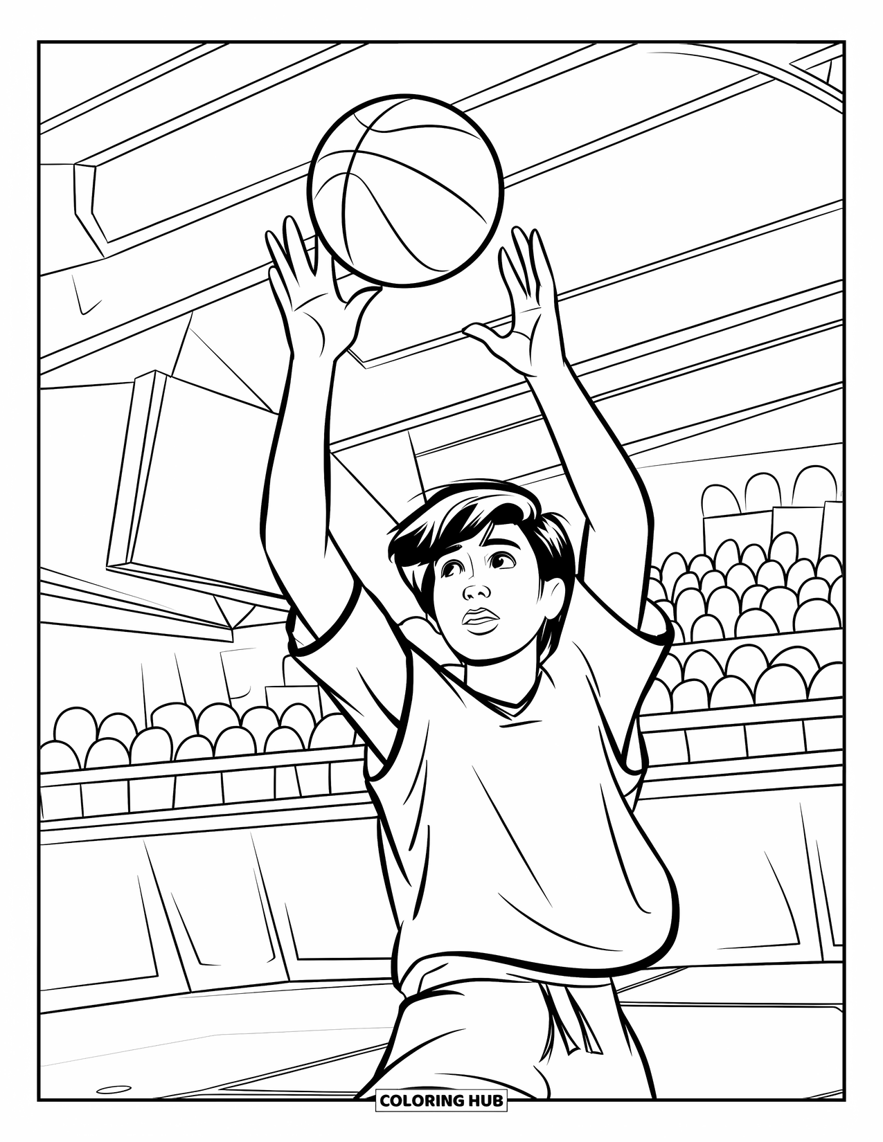 Dibujo de baloncesto para colorear para niños: Un adolescente salta para atrapar un pase en el aire, con una cancha y público detrás