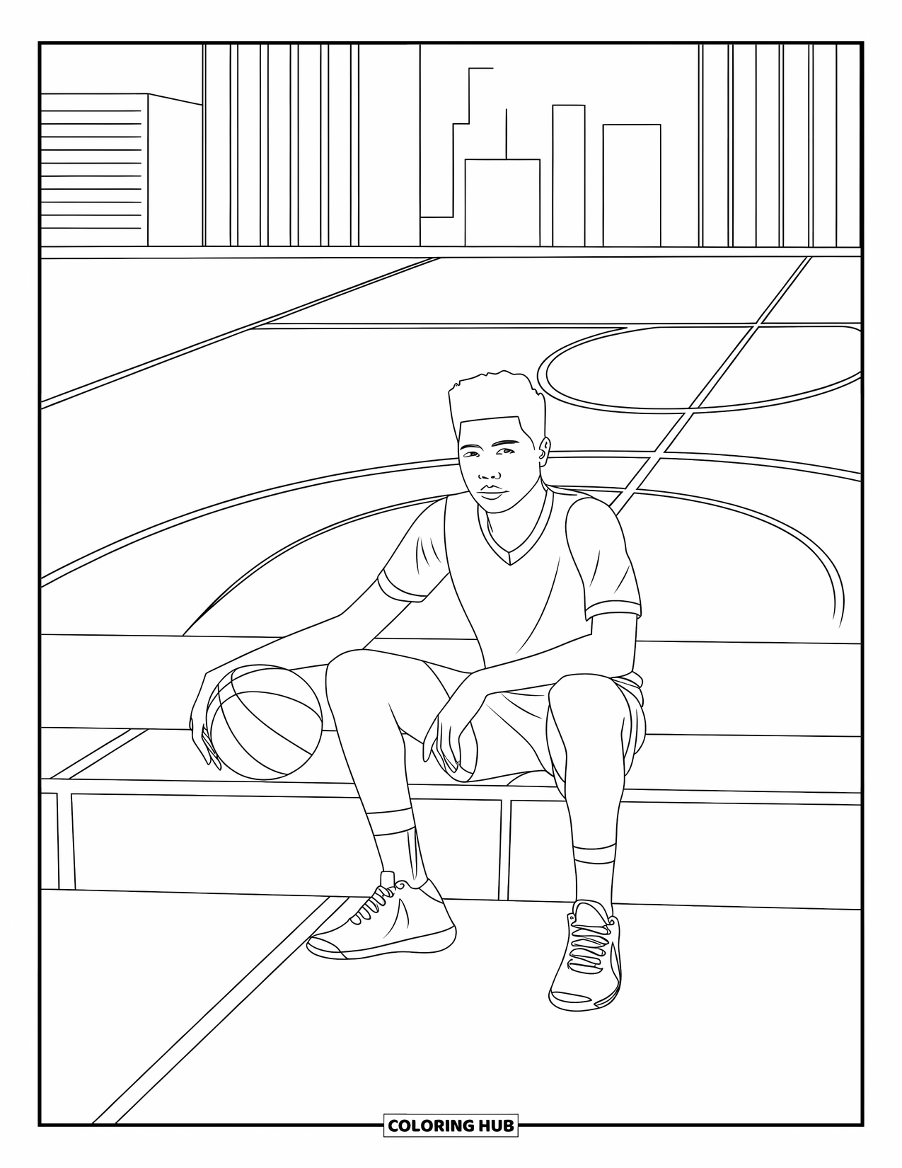 Dibujo de baloncesto para colorear para niños: Un adolescente descansa en los escalones de la cancha, con un balón de baloncesto en la mano y edificios detrás