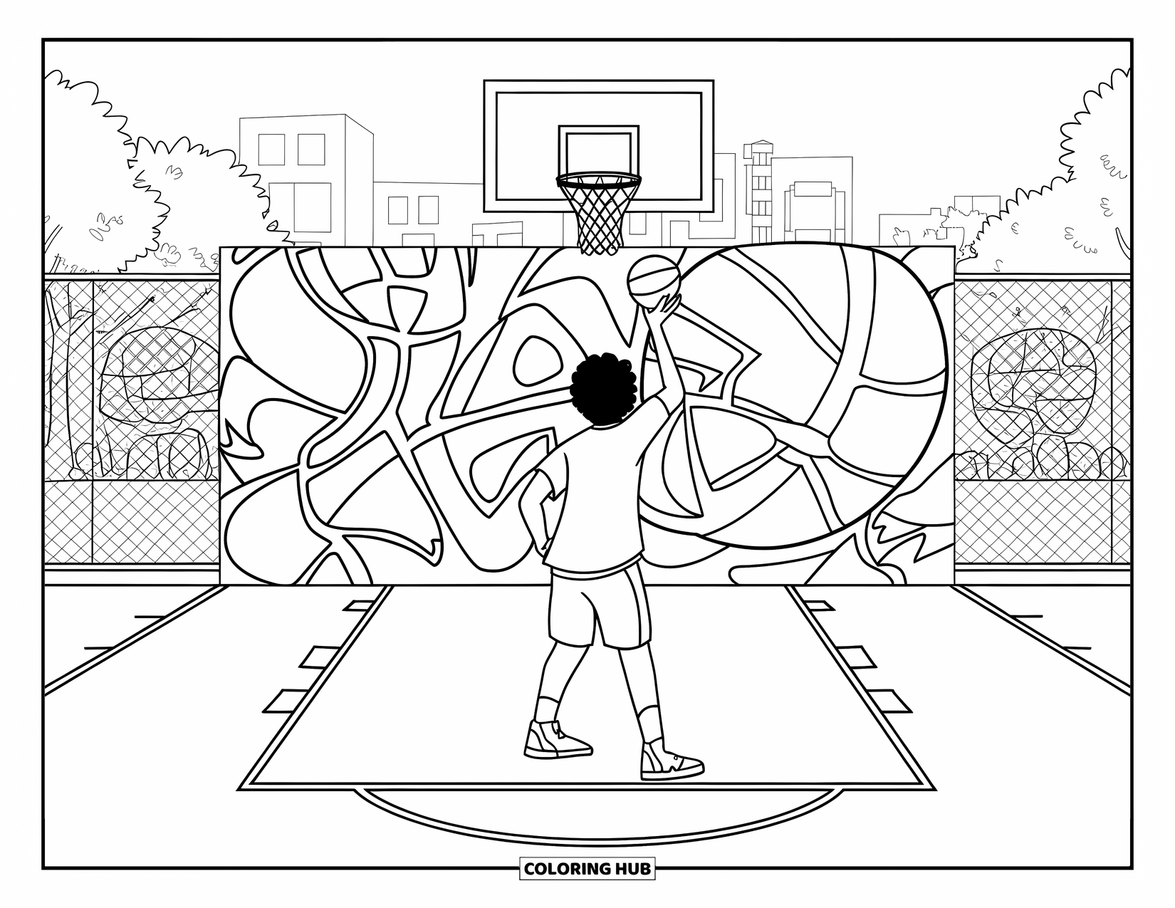 Dibujo de baloncesto para colorear para niños: Un adolescente lanza el balón cerca de una pared con grafitis, con árboles y edificios al fondo