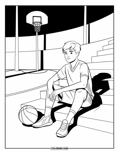 Coloriage de basketball pour enfants : Un ado est assis sur des marches courbes du terrain, avec un ballon à côté et un panier derrière