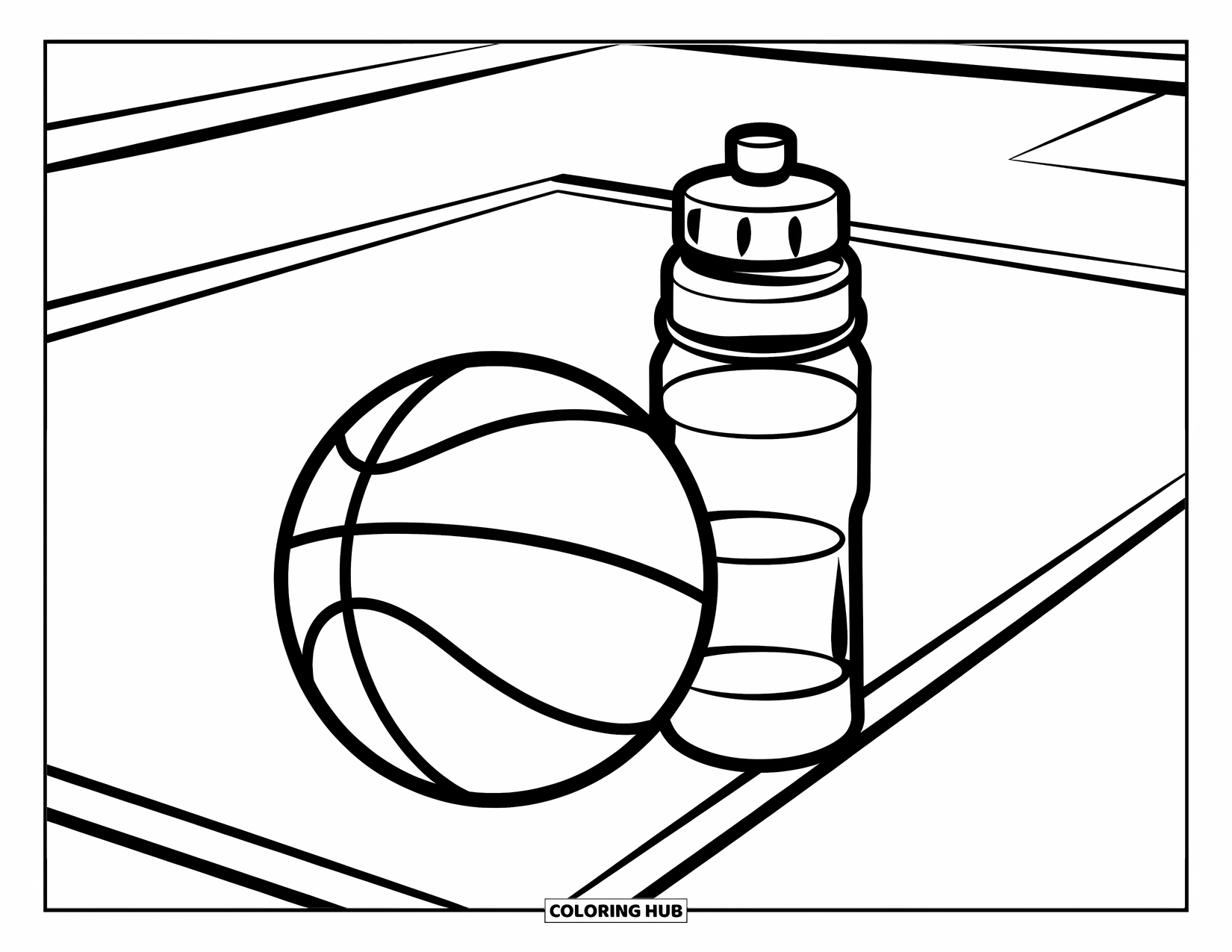 Dibujo de baloncesto para colorear para niños: Un balón de baloncesto y una botella están colocados cuidadosamente en una cancha rectangular