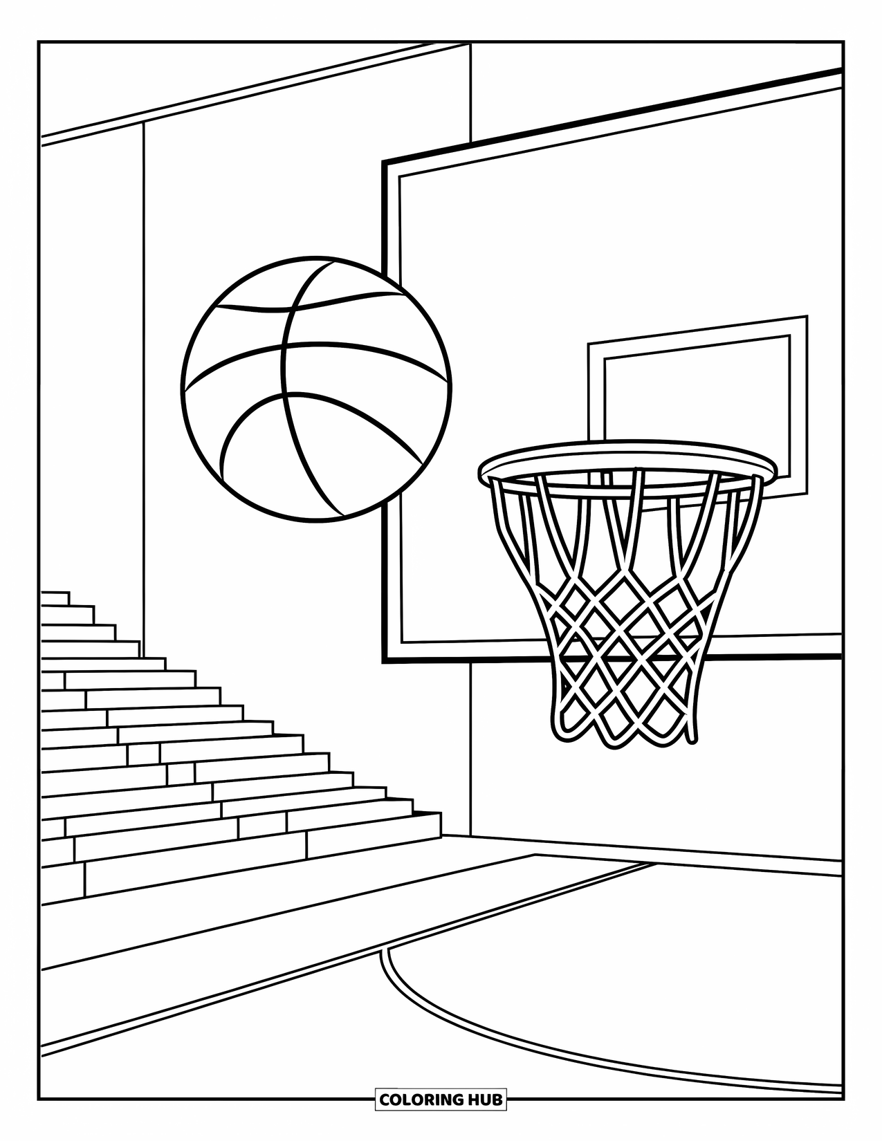 Dibujo de baloncesto para colorear para niños: Un balón de baloncesto golpea el tablero en medio de un juego en un gimnasio animado con líneas de la cancha visibles
