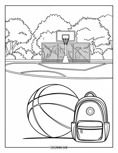Coloriage de basketball pour enfants : Un ballon de basketball roule sur le terrain avec un sac à dos à côté et des paniers au loin