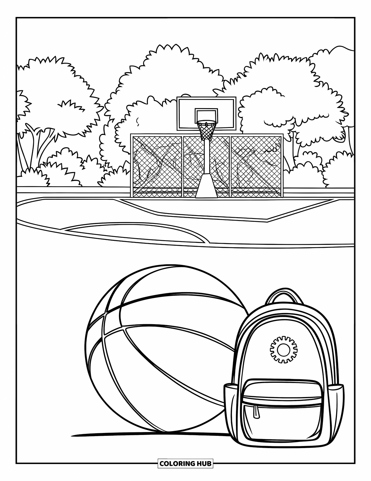 Dibujo de baloncesto para colorear para niños: Un balón de baloncesto rueda por la cancha con una mochila cerca y canastas a lo lejos
