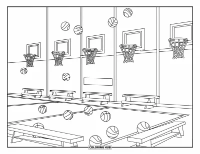Coloriage de basketball pour enfants : Des ballons de basketball et des bancs longent les murs d’un gymnase scolaire animé