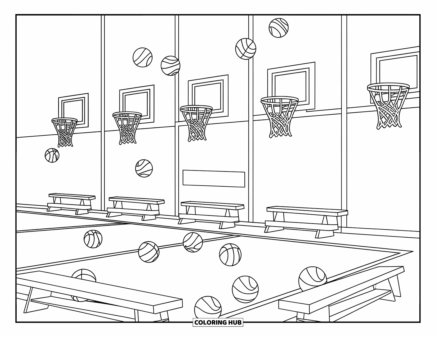 Dibujo de baloncesto para colorear para niños: Balones de baloncesto y bancos bordean las paredes de un animado gimnasio escolar