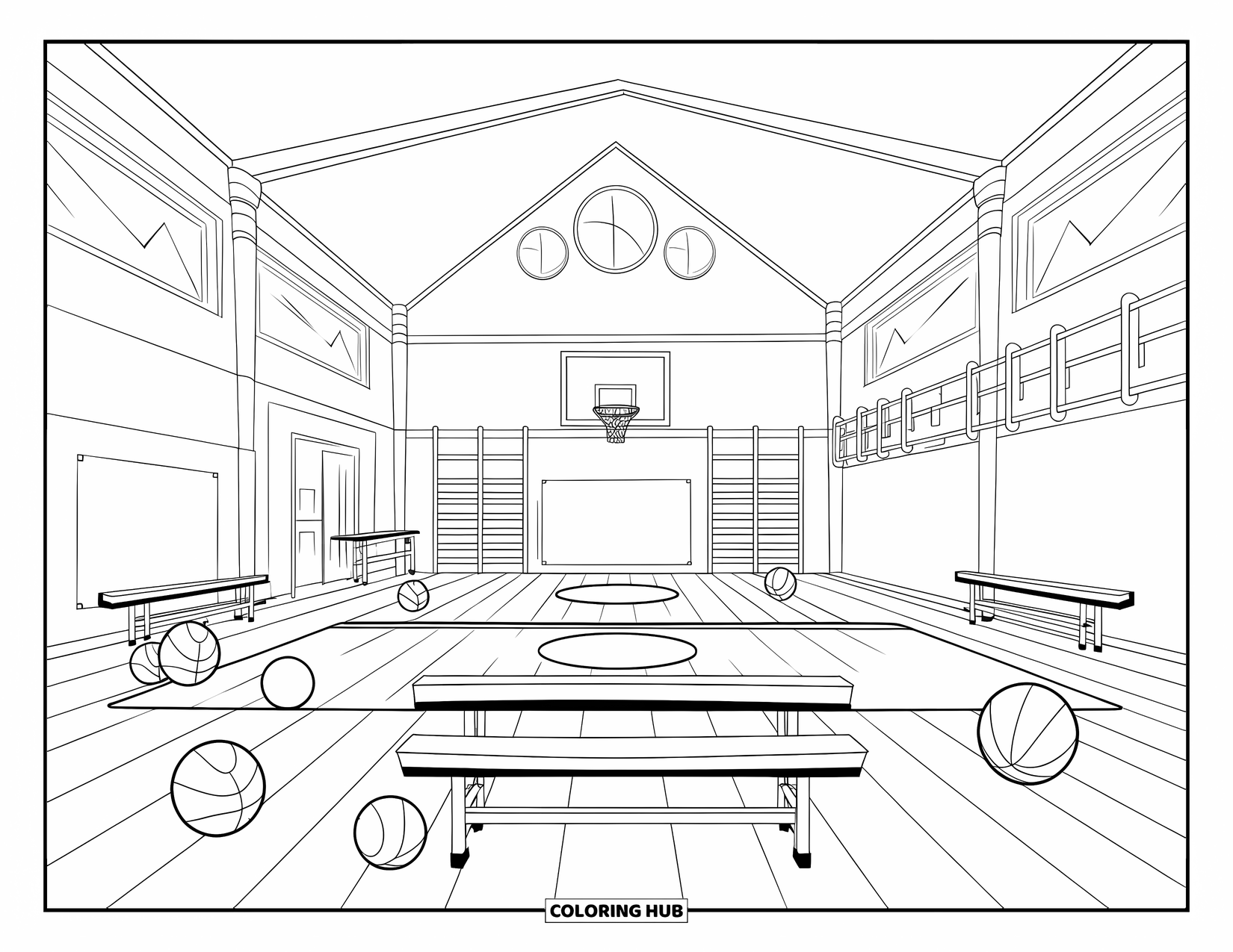 Dibujo de baloncesto para colorear para niños: Bancos, balones y canastas llenan una animada escena de gimnasio escolar