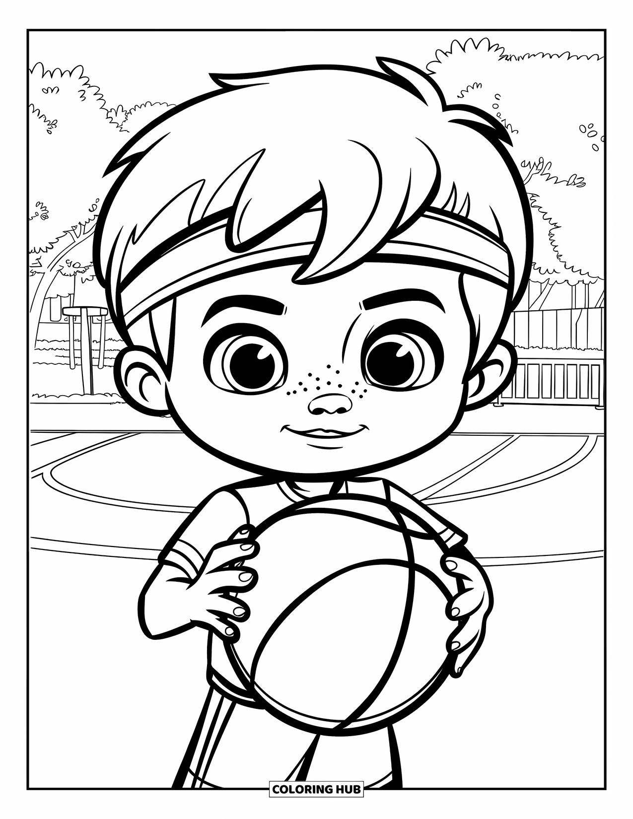 Dibujo de baloncesto para colorear para niños: Un niño sostiene un balón en la cancha, con árboles y edificios detrás