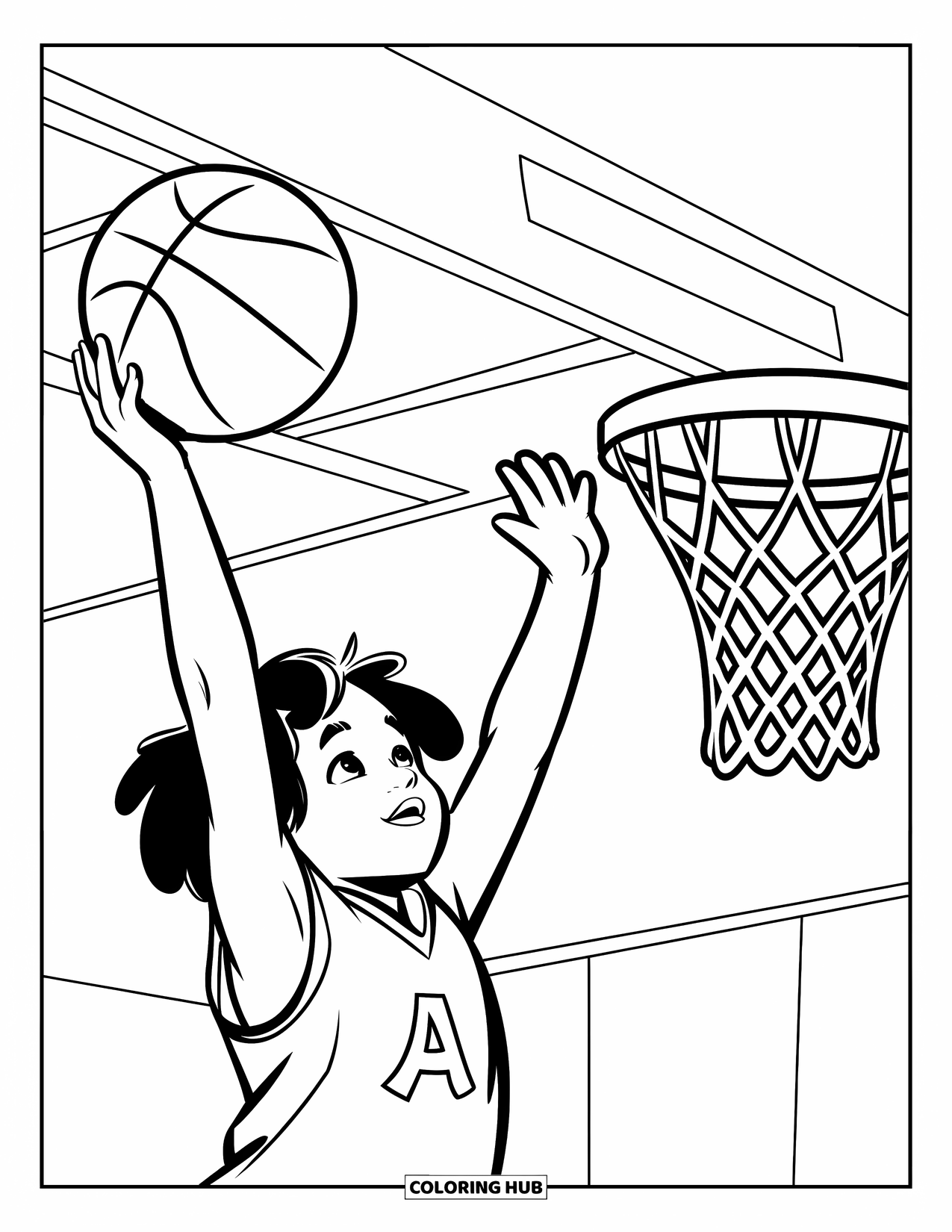 Dibujo de baloncesto para colorear para niños: Un niño salta para hacer un tiro en suspensión en la cancha, con los brazos extendidos hacia arriba